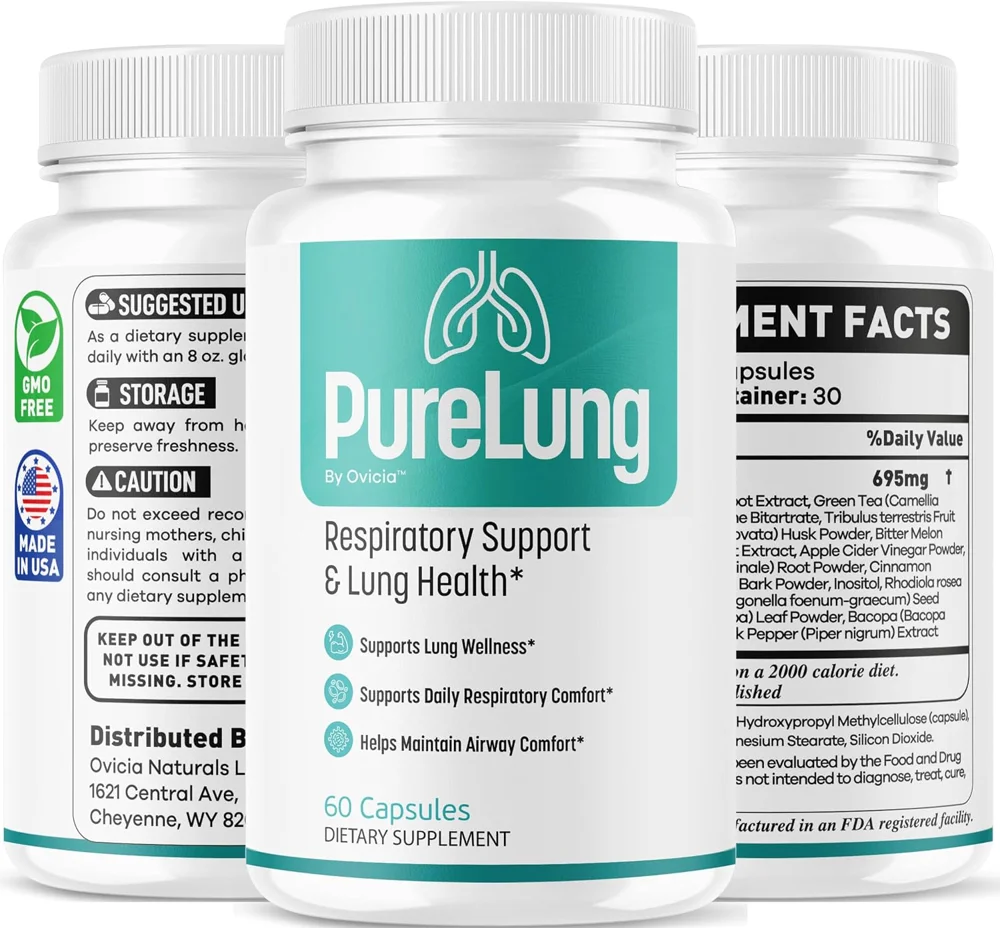 PureLung by Ovicia, with front and partial side label views; 60 capsules per bottle